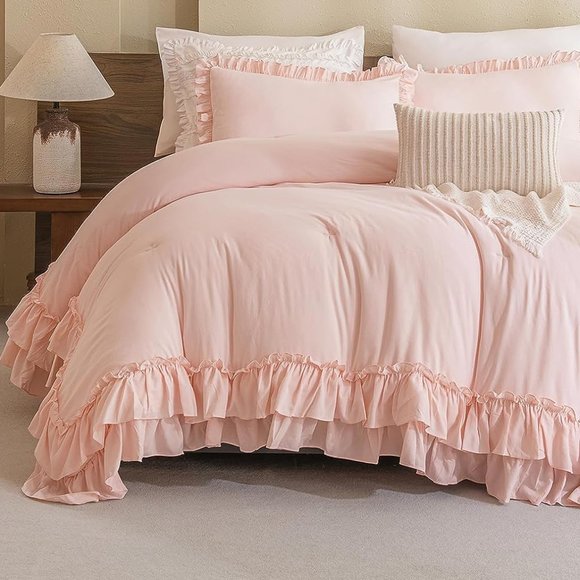 Ecru Twin Size Bed Comforter Set Taupe Shabby Chic Ruffle Bedding Stonewashed - Picture 9 of 11